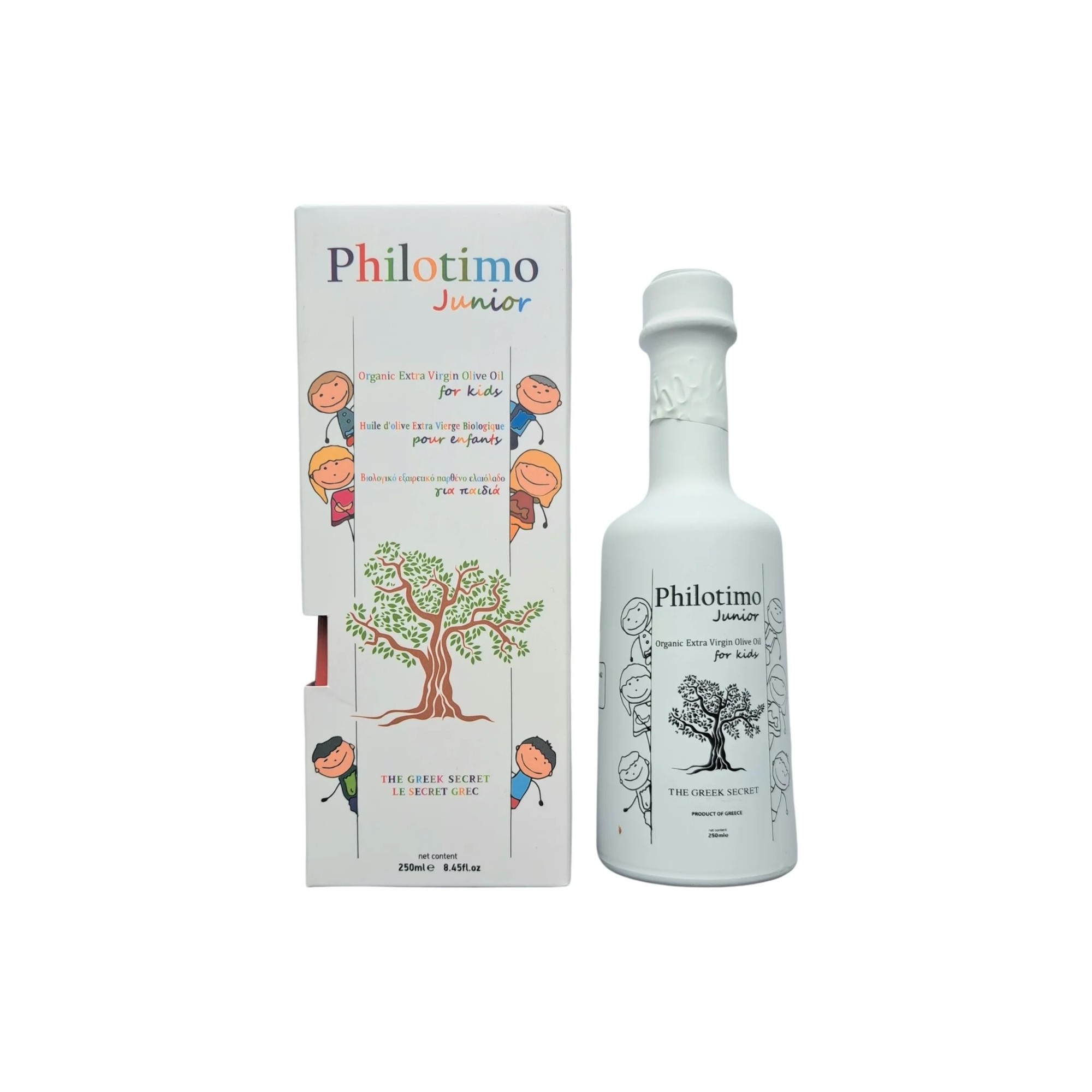 Huile d'olive bio extra vierge "Koroneiki" pour enfants Philotimo bouteille vue de face