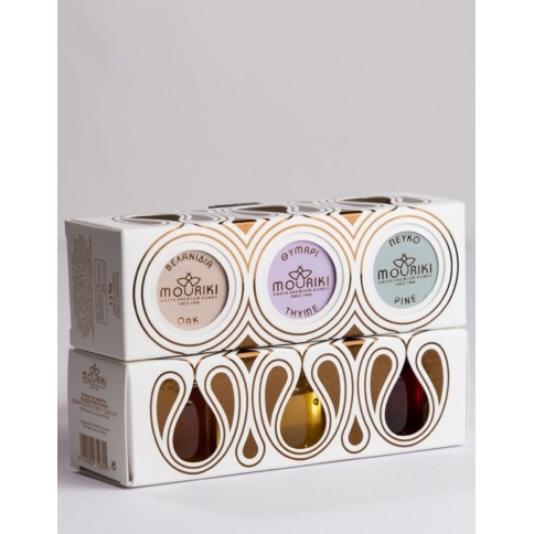 Coffret miel 3 saveurs (3x40g) MOURIKI, vu d'angle close-up
