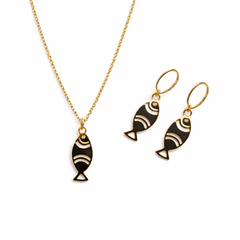 18k Gold plated pendant and earrings- Fish AFP, front view