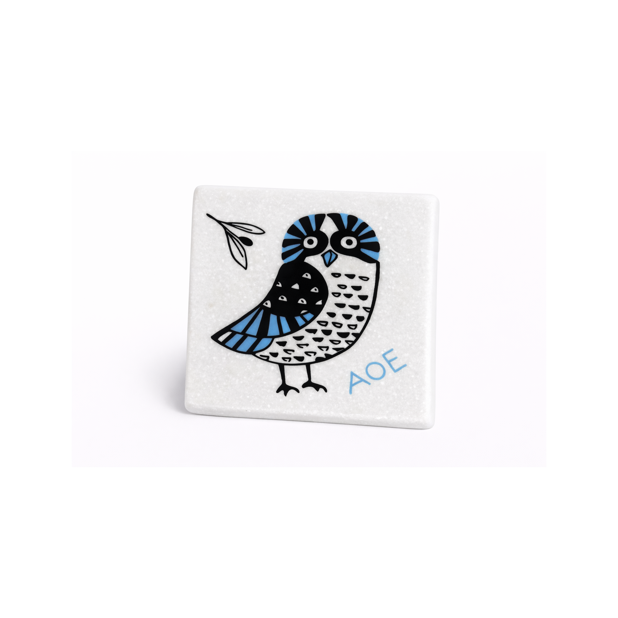 Dessous de verre en marbre Greek Owl AHGB, vu de face