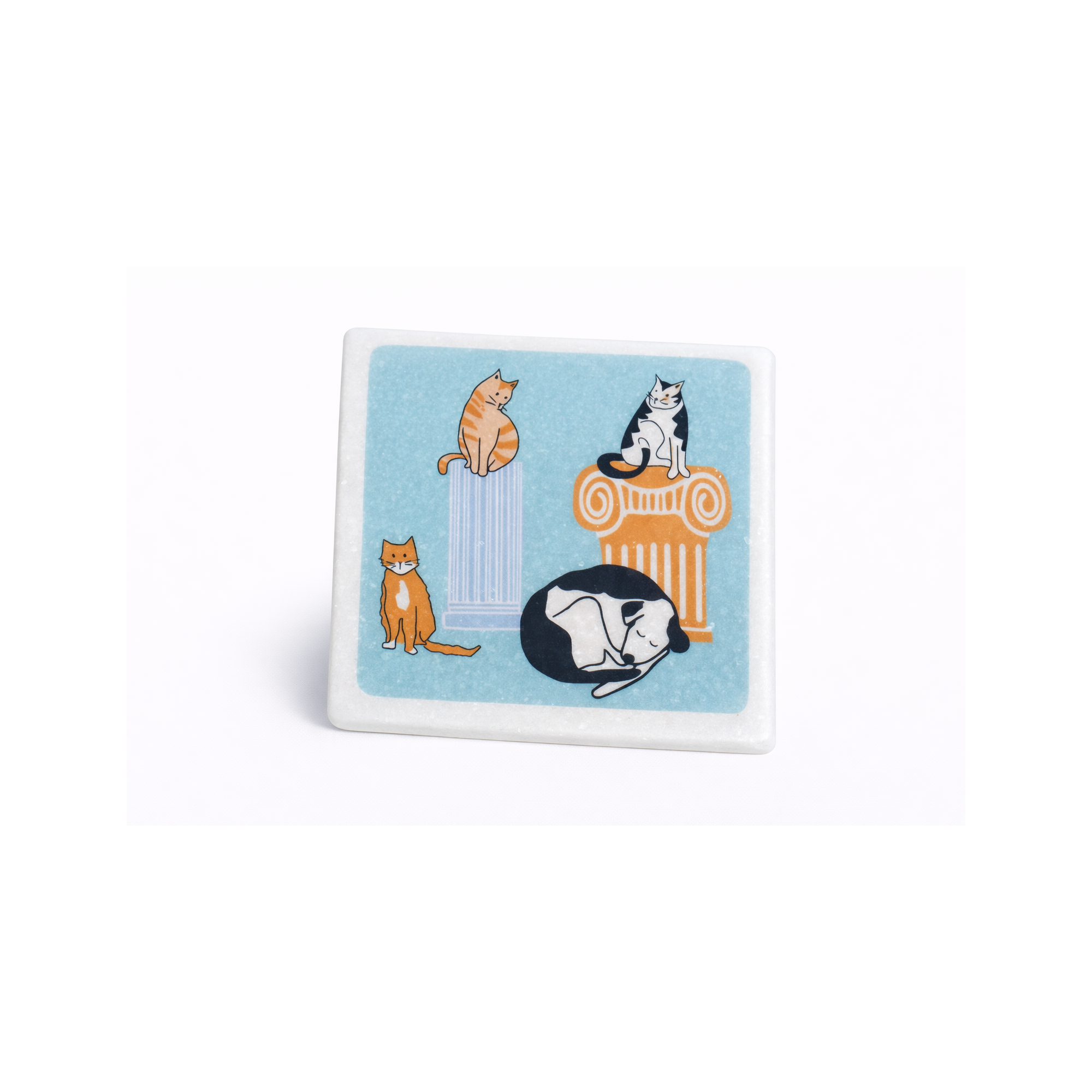 Marble coasters Greek cats and ruins AHB, front view