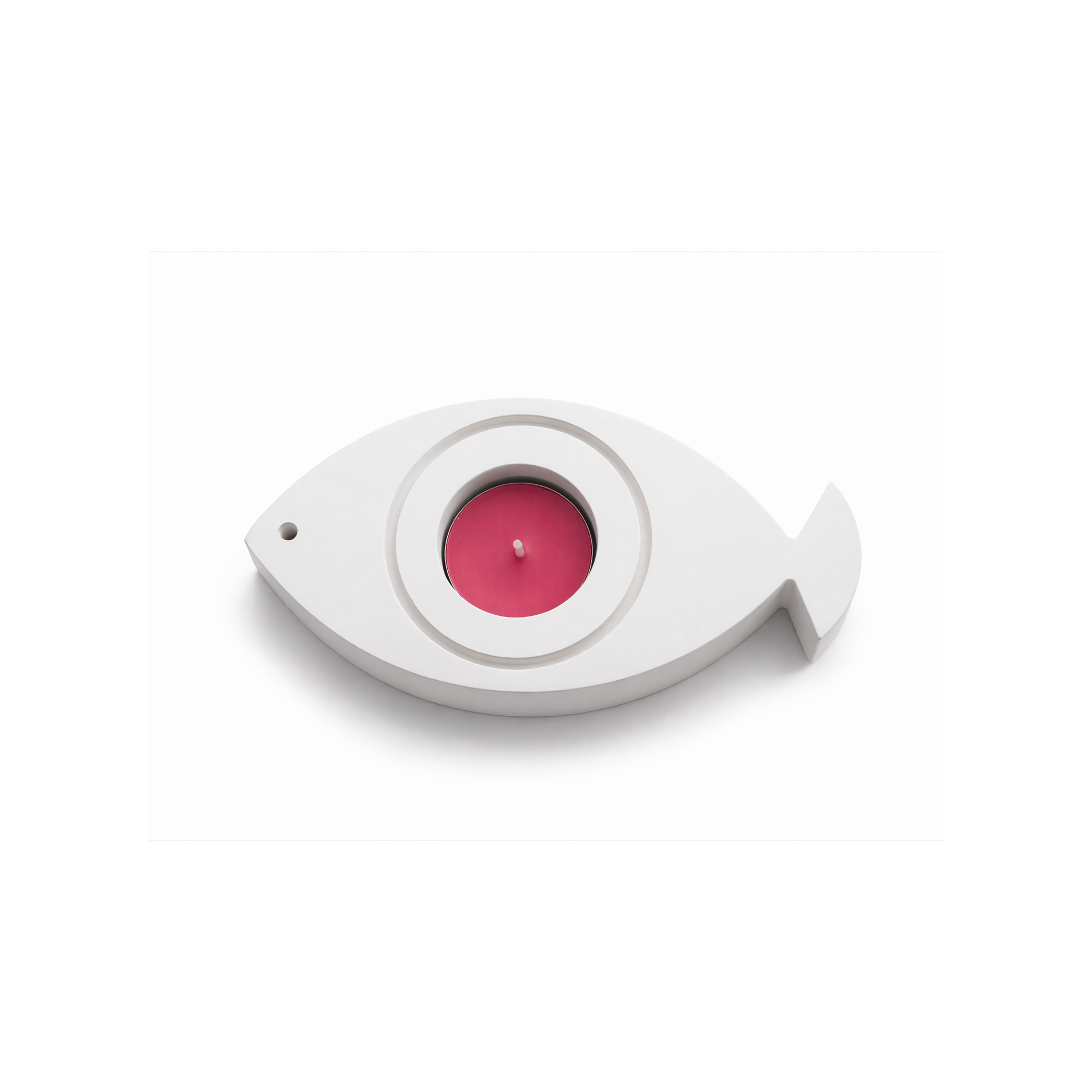 Fish-eye tealight holder white with candle A FUTURE PERFECT, top view