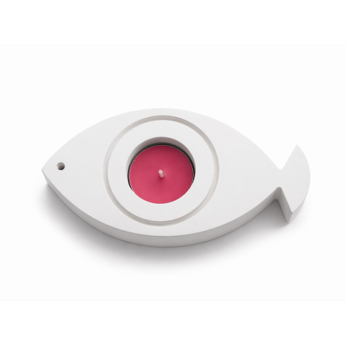 Fish-eye tealight holder white with candle A FUTURE PERFECT, top view