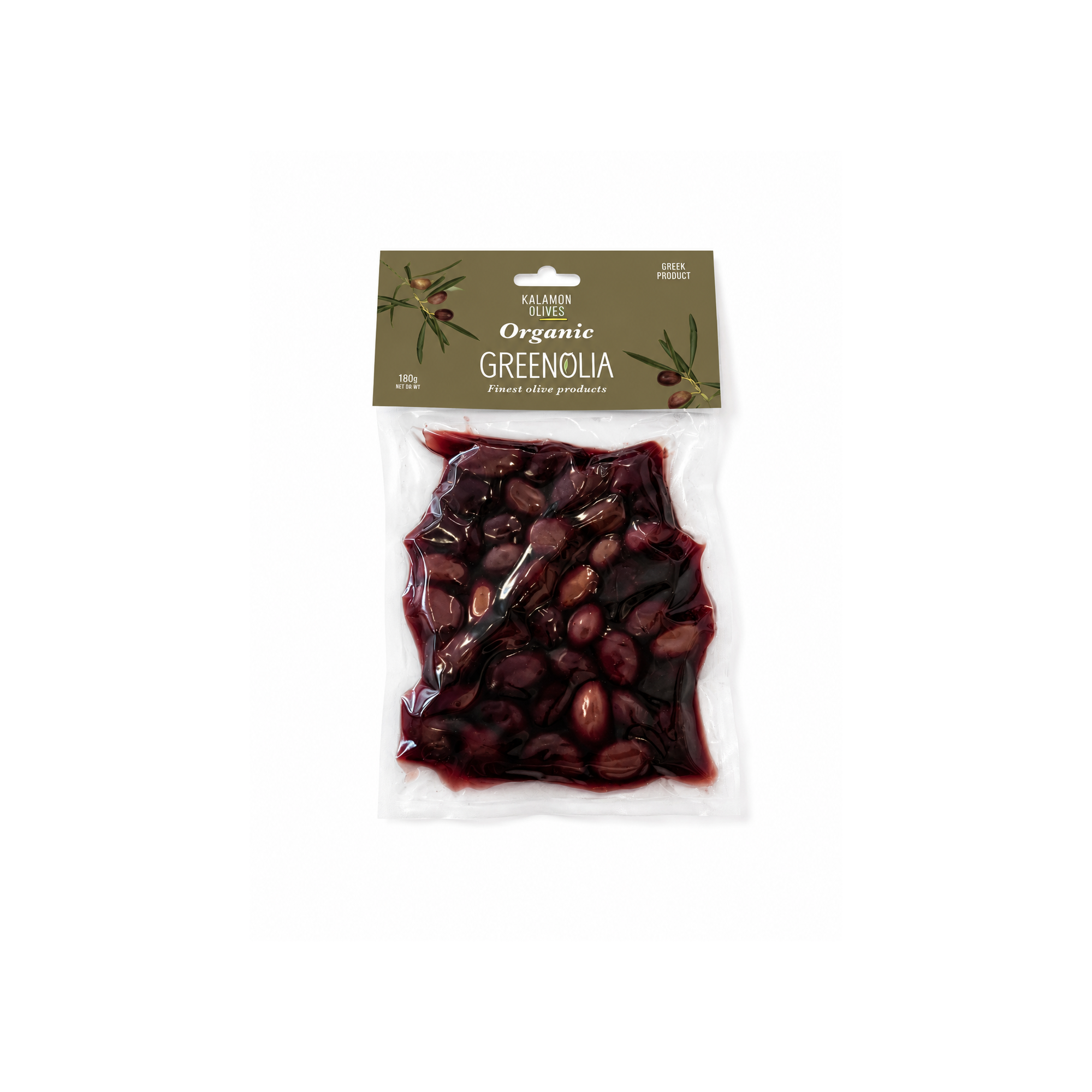 Olives bio Kalamon 180g GREENOLIA, vues de face sous vide