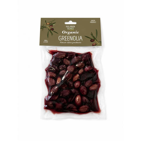 Olives bio Kalamon 180g GREENOLIA, vues de face sous vide