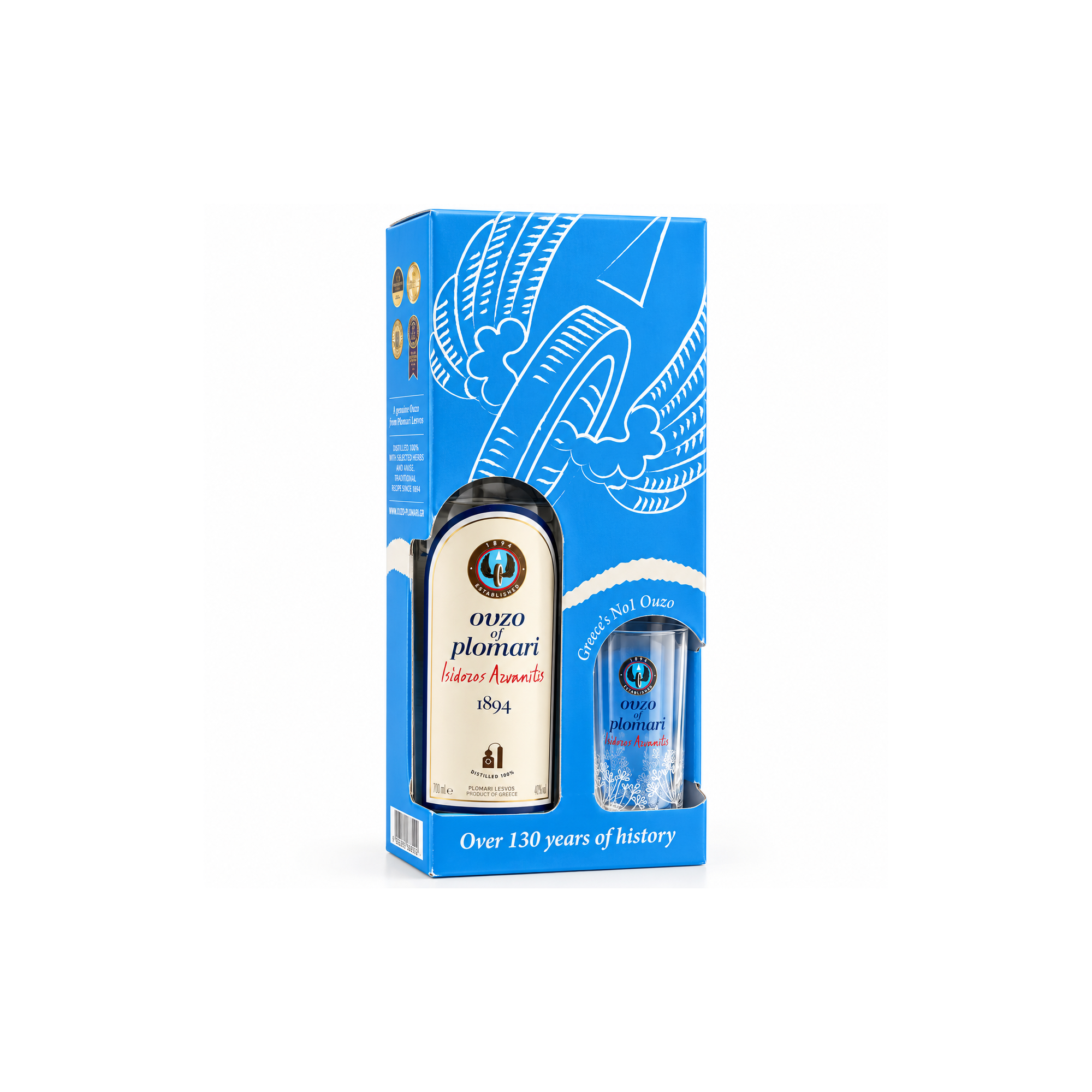 Gift box Ouzo Plomari and glass ISIDOROU ARVANITOU, angle view