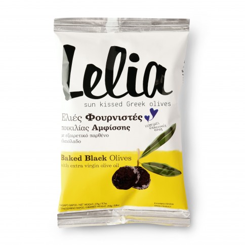 Baked Black Olives with EXtra Virgin Olive Lelia Oil 250g front view Baked Black Olives with EXtra Virgin Olive Lelia Oil 250g front view