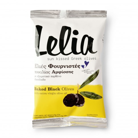 Olives noires à la grecque Lelia en sachet avec de l'huile d'olive vierge extra, vue de face du packaging au format 250g