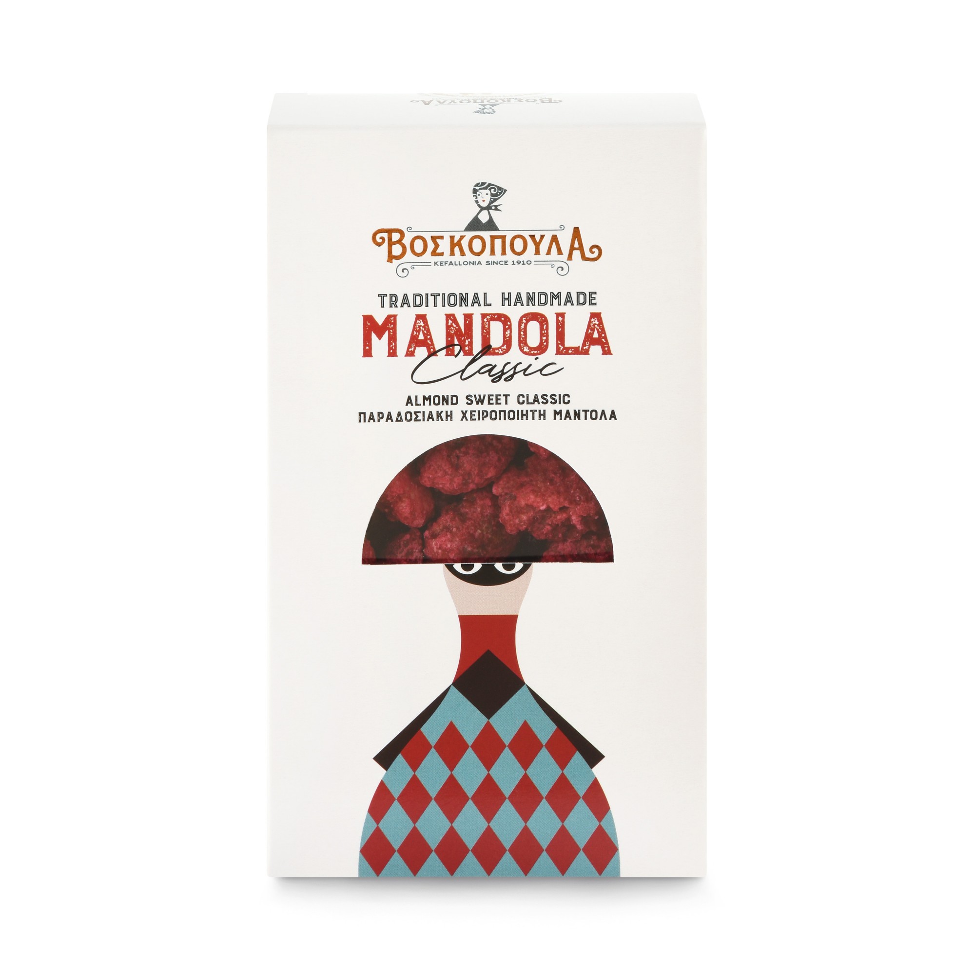 Mandola - amandes caramélisées grecques artisanales 140g Voskopoula, boîte vue de face