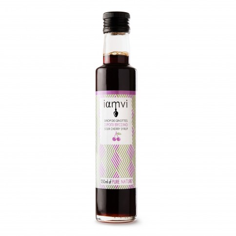 Sirop de griottes grecques Iamvi, bouteille de 250ml vue de face Sirop de griottes grecques Iamvi, bouteille de 250ml vue de face