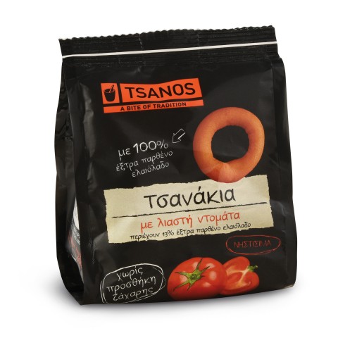 Tsanakia, petits biscuits grecs à la tomate séchée 60g Tsanos, sachet vue de face