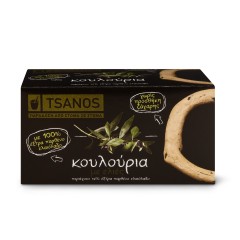 Biscuits grecs aux olives 70g Tsanos, boîte vue de face