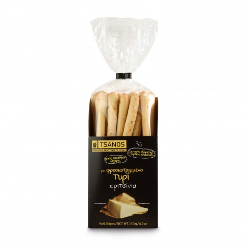 Gressins grecs au fromage frais 230g Tsanos, vue du paquet Gressins grecs au fromage frais 230g Tsanos, vue du paquet