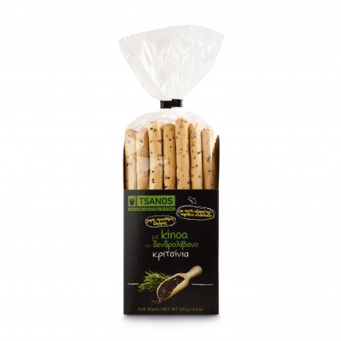 Gressins grecs au quinoa et romarin 130g Tsanos, vue du paquet Gressins grecs au quinoa et romarin 130g Tsanos, vue du paquet