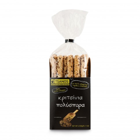 Gressins grecs aux céréales 230g Tsanos, paquet vu de face Gressins grecs aux céréales 230g Tsanos, paquet vu de face