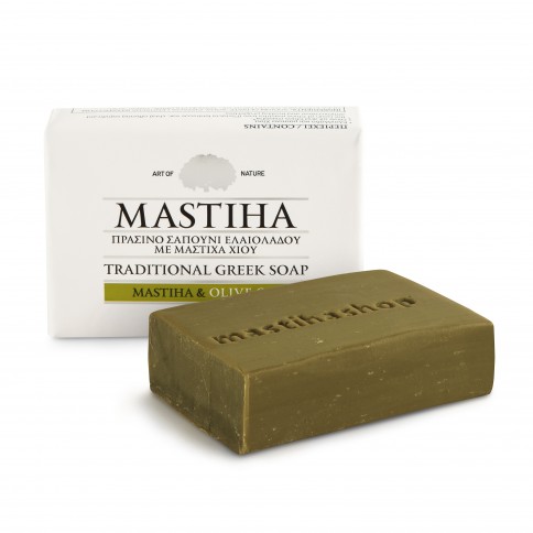 Savon traditionnel à l'huile d'olive et mastiha de Chios Mastiha Shop vue de face avec du savon Savon traditionnel à l'huile d'olive et mastiha de Chios Mastiha Shop vue de face avec du savon