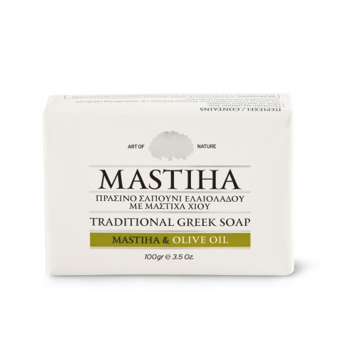 Savon traditionnel à l'huile d'olive et mastiha de Chios Mastiha Shop vue de face de l'emballage Savon traditionnel à l'huile d'olive et mastiha de Chios Mastiha Shop vue de face de l'emballage