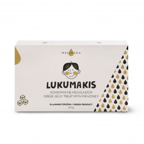 Lukumakis, λουκούμια με μέλι ελάτης 200g Melicera μπροστινή όψη Lukumakis, λουκούμια με μέλι ελάτης 200g Melicera μπροστινή όψη