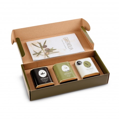 Gift box of extra virgin olive oil 3x100ml Greenolia in its packaging open top view