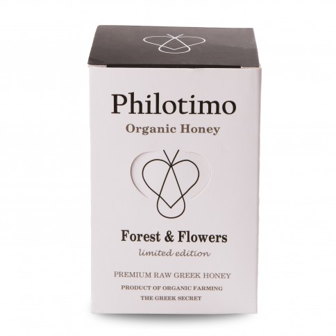 Miel de forêt et fleurs bio édition limitée Philotimo, boîte de 450g vue de face Miel de forêt et fleurs bio édition limitée Philotimo, boîte de 450g vue de face