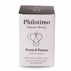 Organic Forest and flower honey limited edition Philotimo jar of 450g with its packaging front view