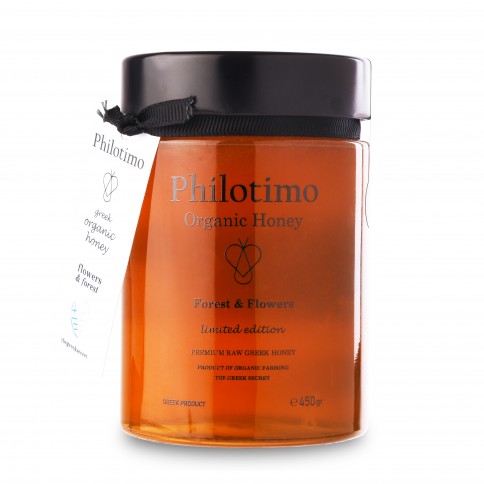 Miel de forêt et fleurs bio édition limitée Philotimo, pot de 450g vu de face Miel de forêt et fleurs bio édition limitée Philotimo, pot de 450g vu de face