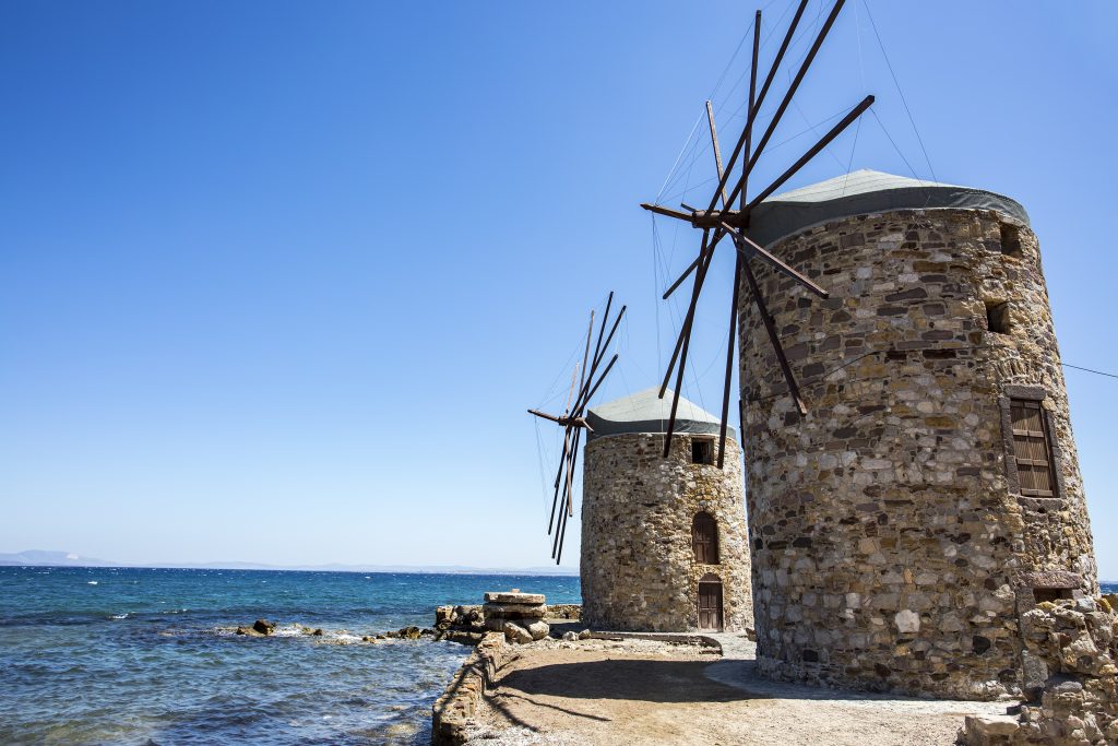 Windmills in Vrontados in Chios island