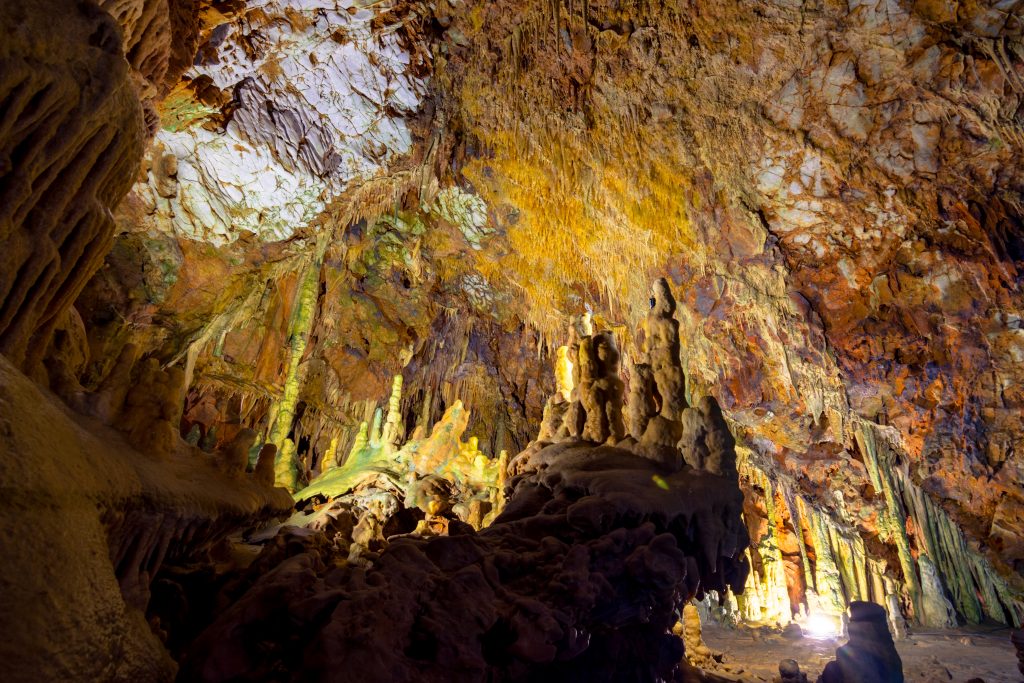 The magnificent and majestic caves of Diros in Greece. A spectacular sight of stalacites and stalagmites which took millions of years to form.