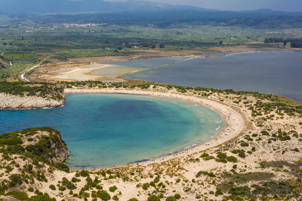 View of Voidokilia beach in the Peloponnese region of Greece, from the Palaiokastro