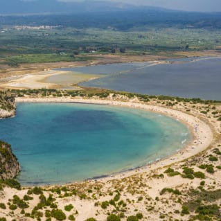 View of Voidokilia beach in the Peloponnese region of Greece, from the Palaiokastro
