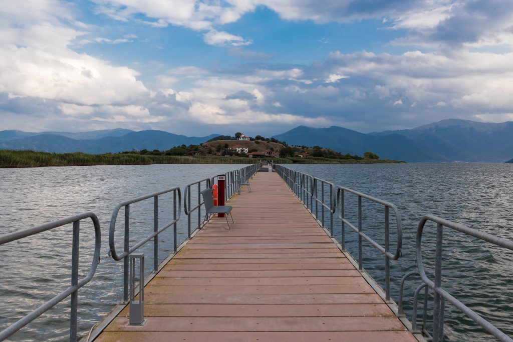 View of the floating bridge at the Mikri (Small) Prespa Lake in northern Greece